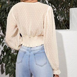 Shein “swiss dot shirred crop blouse.”
